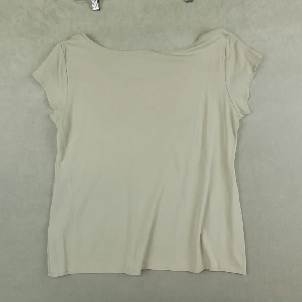 Eileen Fisher Shirt 100% Silk Jersey Short Sleeve Scoop Neck Tee Beige Classic